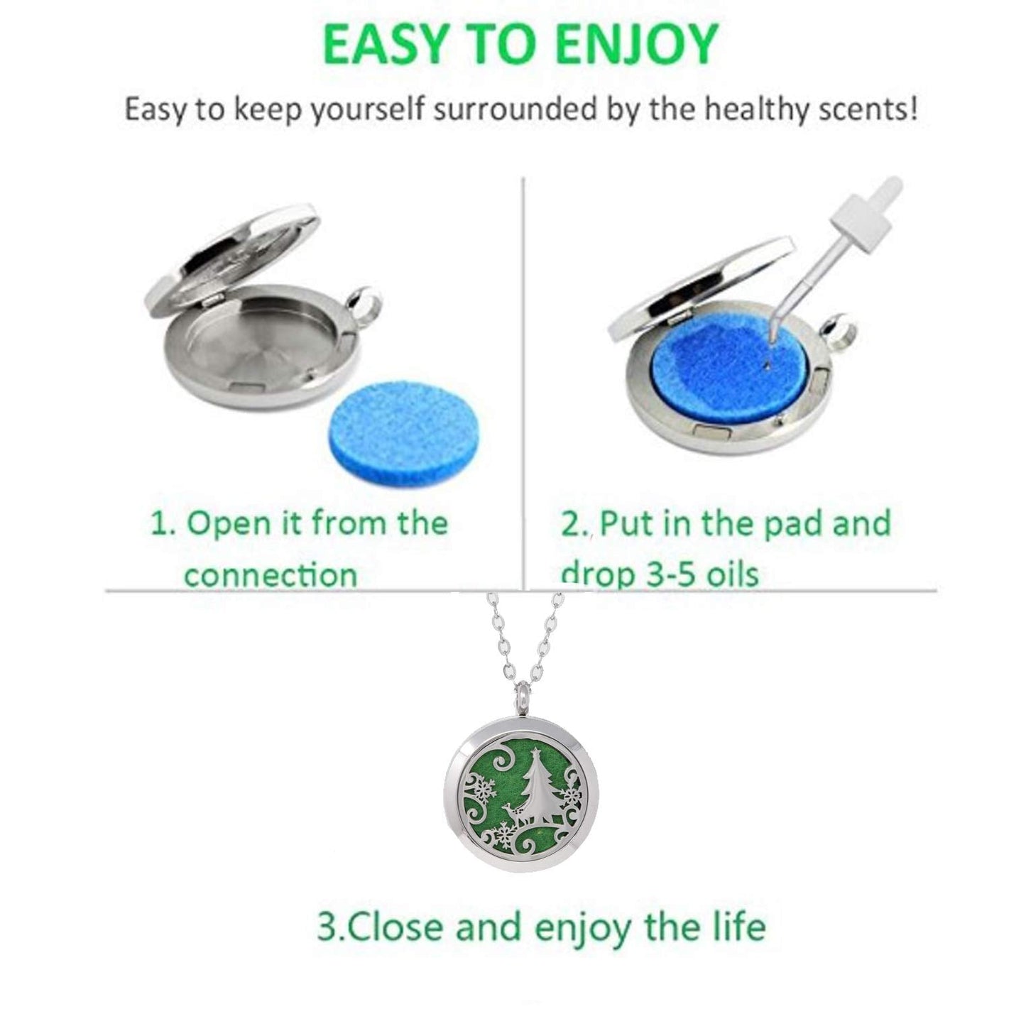 Aromatherapy Essential Oil Diffuser Stainless Steel 30 MM Silver Magnetic Locket Pendant 2 Sizes Chain Necklace, Refill Pads & Diffuser Bracelet in a Velvet Bag (Christmas Tree Deer)