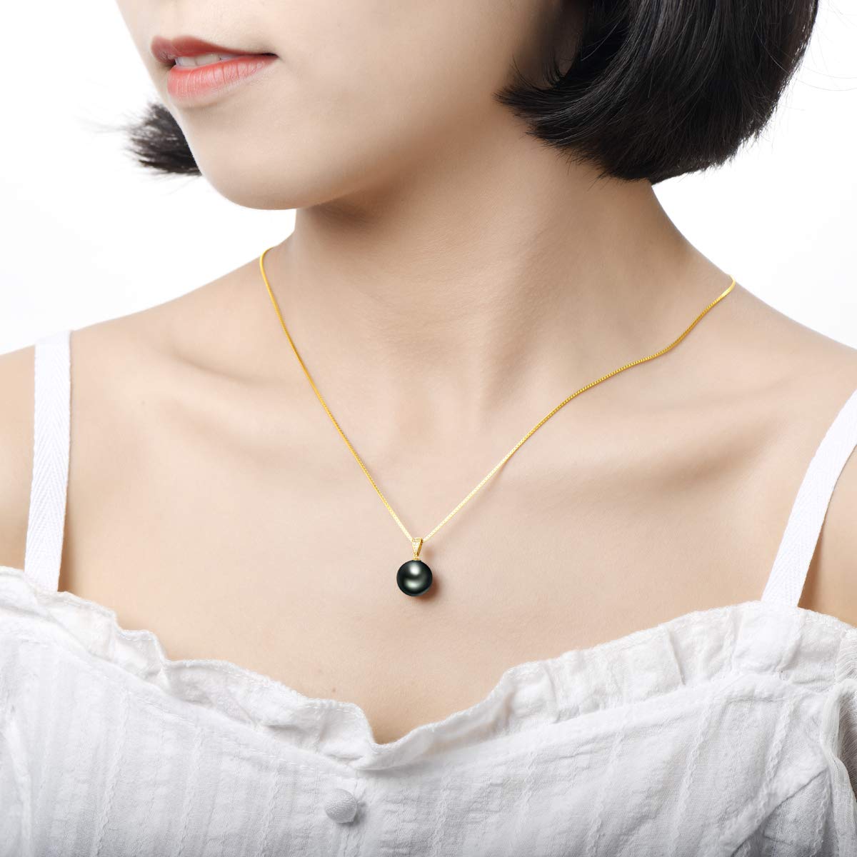 DENGGUANG 18K Gold Natural Black Pearl Necklace Pendant with Diamond 10-11mm Genuine Tahitian Cultured Round Pearls Pendant for Women with 18" Silver Chain - Rose Gold