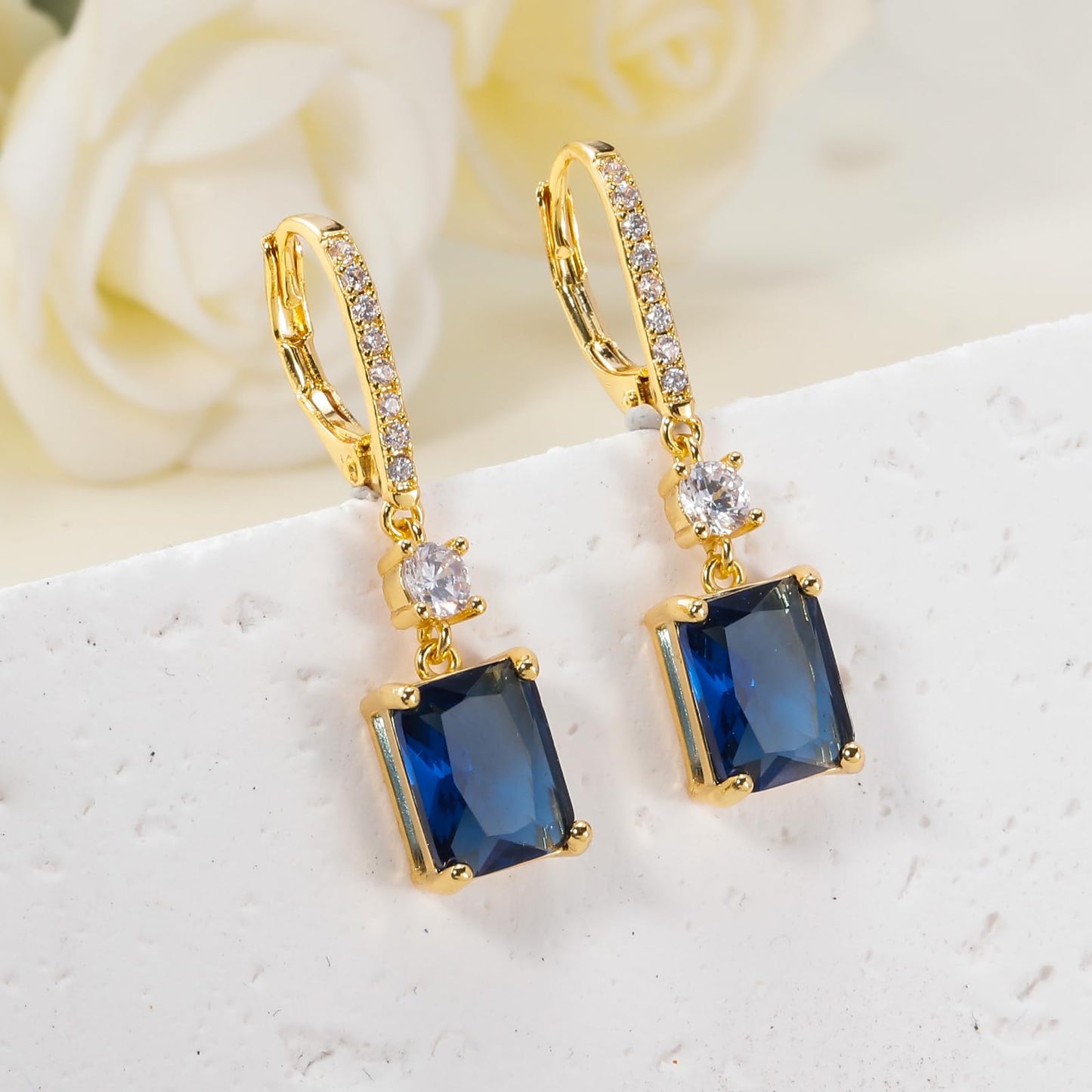 CiNily Leverback Earrings for Women Rectangular-cut Drop Dangle Earring Hypoallergenic, 14K Gold Plated Navy Blue Cubic Zircon Earrings Diamond Dangle Ear Rings Jewelry Birthday