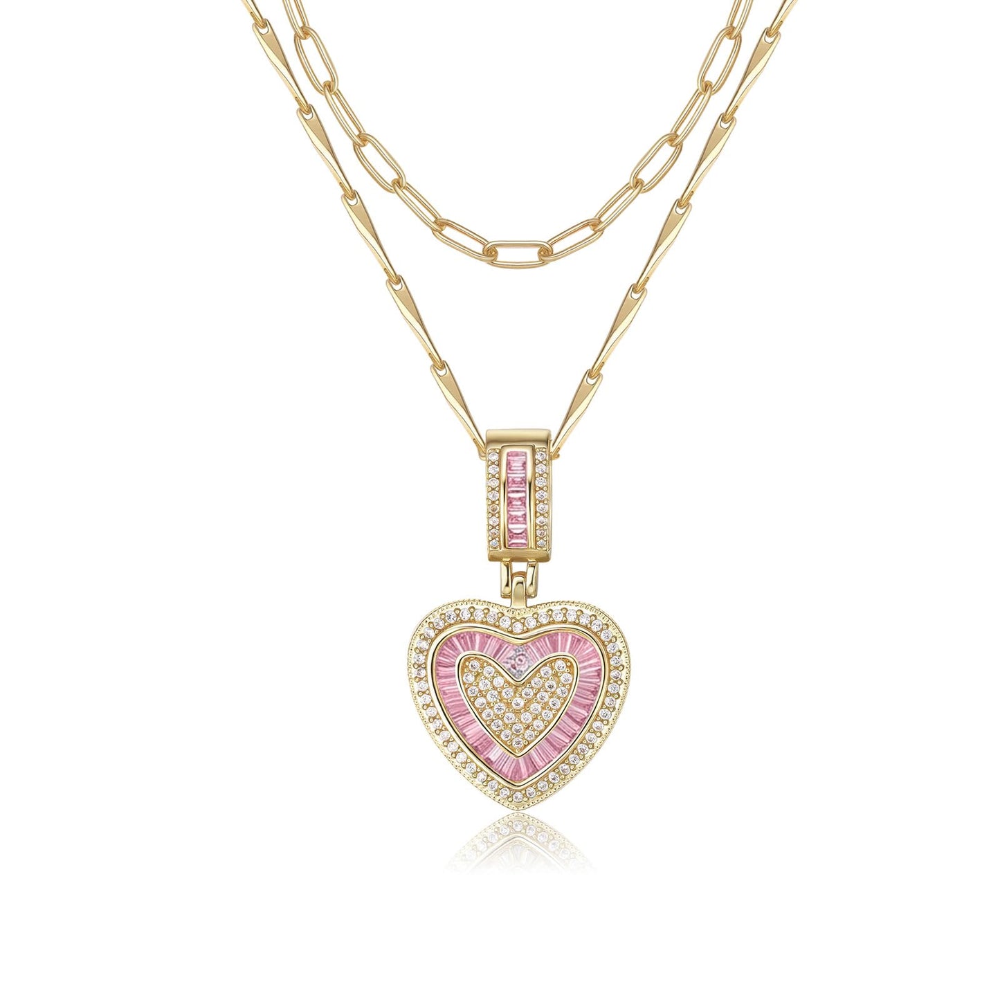 MEIITRUE Heart Necklaces for Women Trendy 14k Gold Plated Dainty Layered Necklace Set Cubic Zirconia Love Pendant Choker Thin Paperclip Chain Stackable Jewelry Gift Pink
