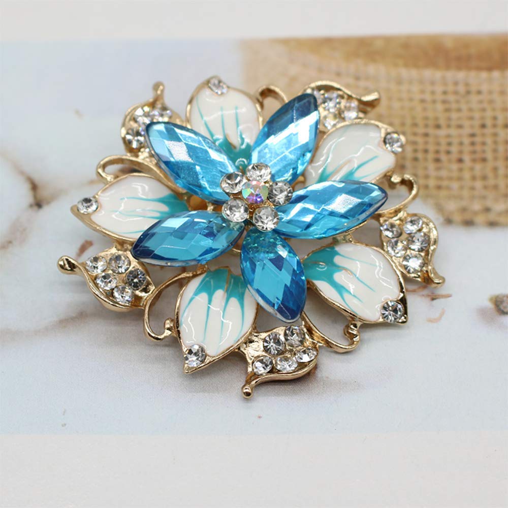 Flower Crystal Brooches Pins Fashion Beautiful Created Rhinestone Floral Brooch Good Idea for Party Dance Wedding Banquet for Elegant Women Girl (Blue Crystal Brooch)