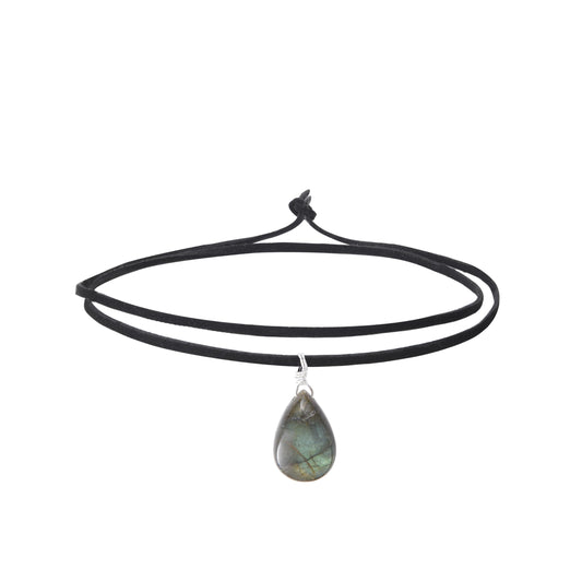 RareLove Black Leather Layering Choker Necklace for Women 925 Sterling Silver Teardrop Labradorite Stone Pendant Healing Crystal Necklace Gothic Boho Anxiety Jewelry