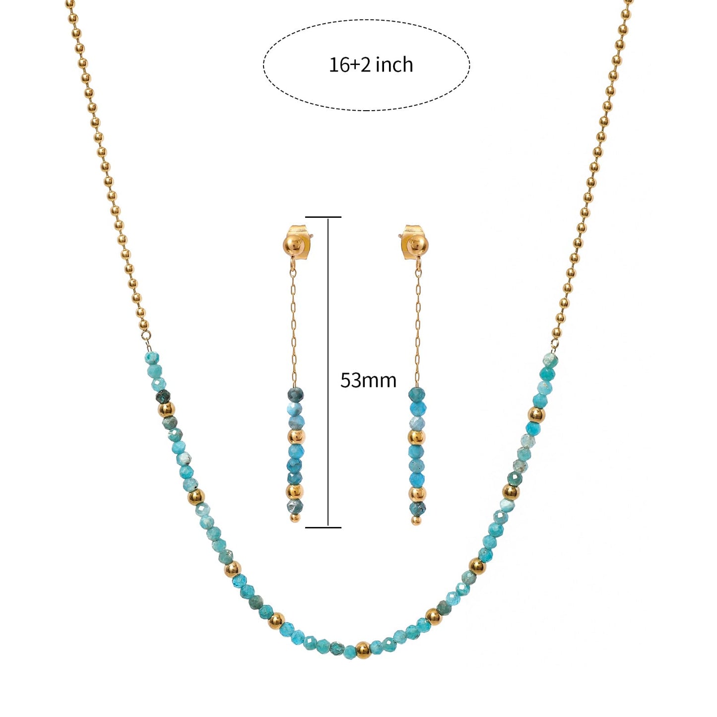TaYolnFaSo Round Apatite Beads Jewelry Set for Women 18K Gold Plated Blue Apatite Necklace and Earrings Set Gift for Wife