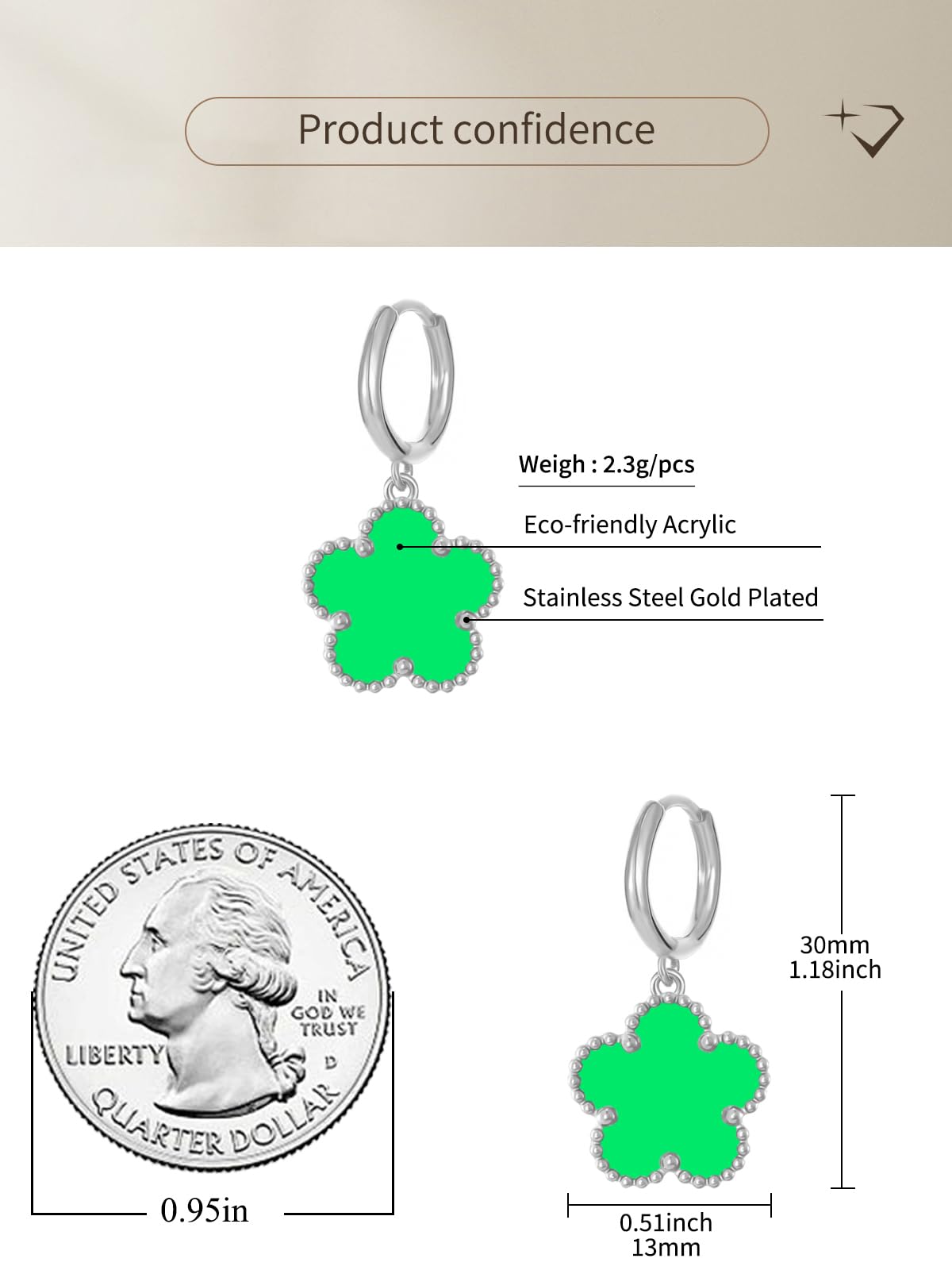 Gold Plated Five Leaf Clover Dangle Earrings for Women Lucky Flower Jewelry (Lime Green-White Gold Plated)