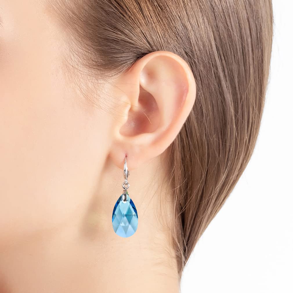 Austrian Crystal Teardrop Dangle Hook Earrings for Women 14K Gold Plated Hypoallergenic Jewelry (Aquamarine)