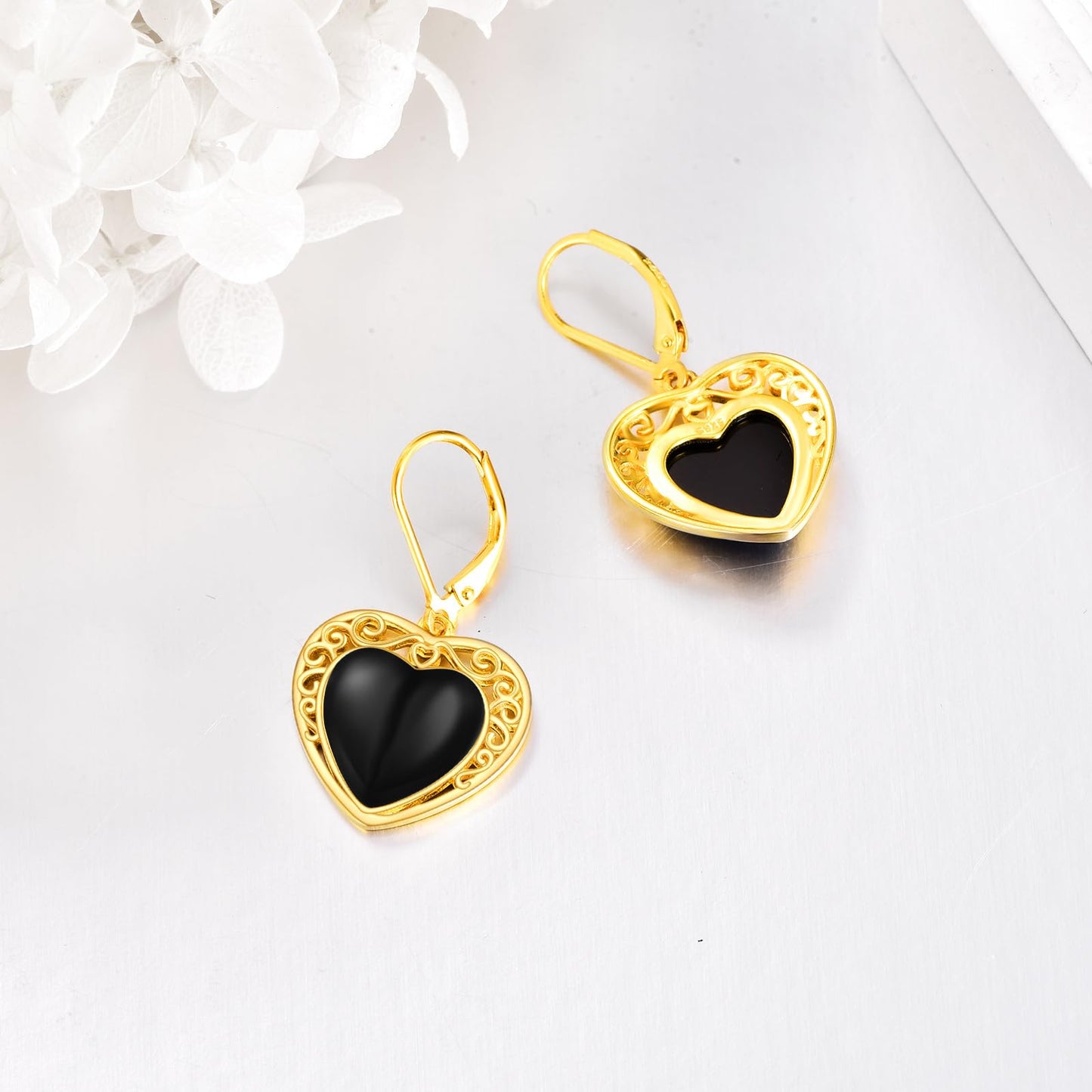 Black Onyx Drop Earrings for Women Sterling Silver 18K Yellow Gold Plated Heart Black Onyx Dangle Leverback Earrings Jewelry Gifts
