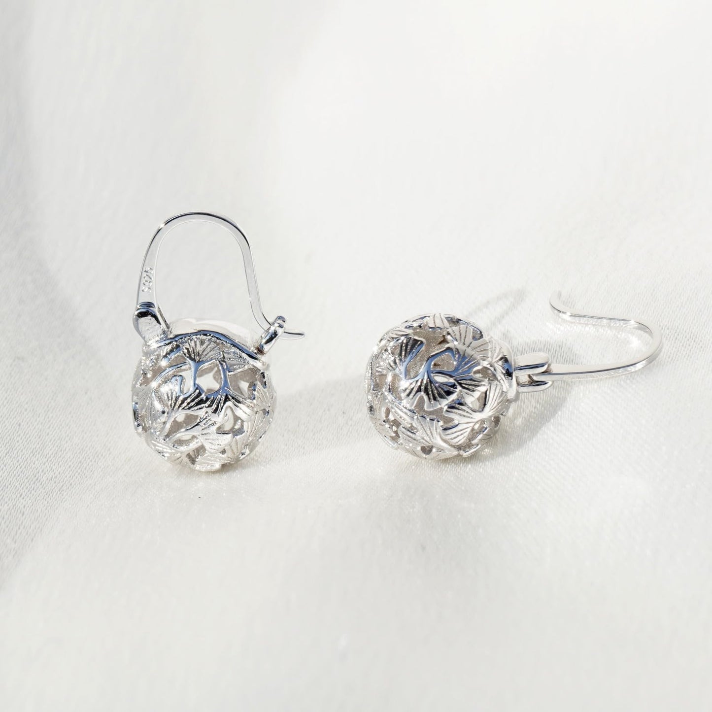 OwMell Elegant 925 Sterling Silver Pearl Drop Earrings Dangle Stud Silver Plated Earrings for Women Large Size 12mm - Hollowed Ginkgo Silver