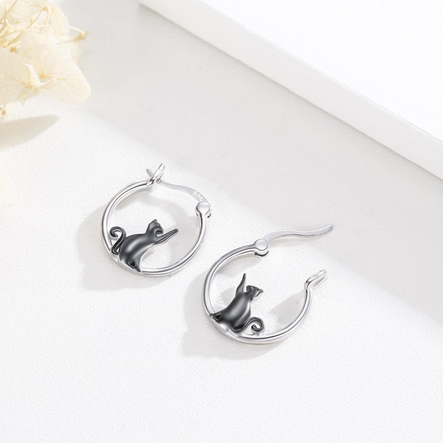 Black Cat Earrings for Women Girls 925 Sterling Silver Hypoallergenic Cute Hoop Earrings for Sensitive Ears Jewelry Graduation Gifts for Cat Lovers