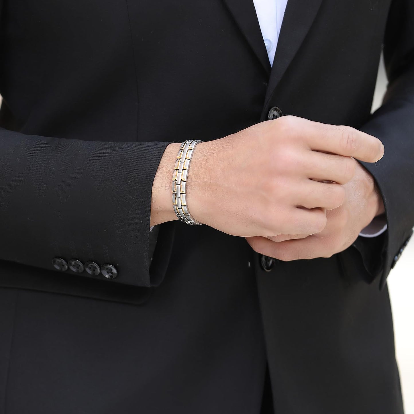 Emmori Stainless Steel Magnetic Therapy Bracelet For Men Women & Adjustable Length with Sizing Tool & Retro Bracelet Jewelry (Silver-Gold)