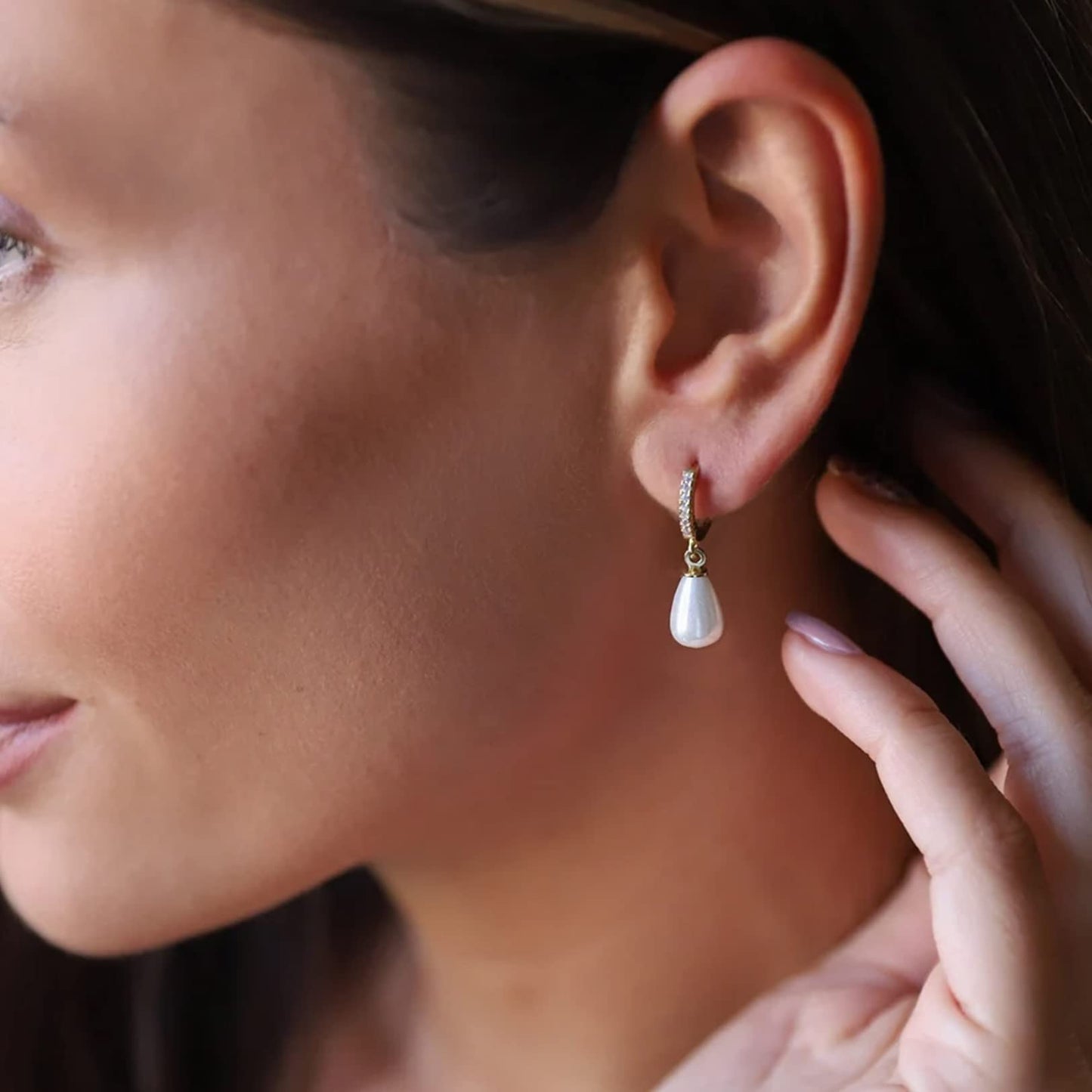 CERSLIMO Gold Pearl Drop Earrings for Women | S925 Sterling Silver Post Simulated Shell Teardrop Pearl Hoop Dangle Earrings, Hypoallergenic Cubic Zirconia Huggies Earrings Bridesmaid Jewelry