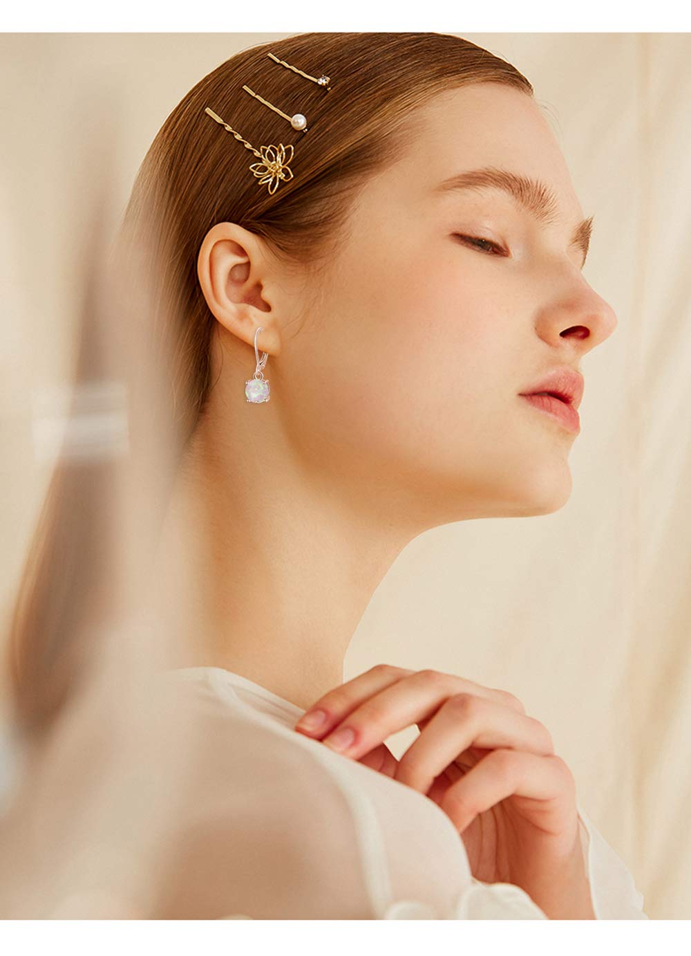 CiNily Rose Gold Plated Dangle Opal Earrings for Women, Leverback Drop Earrings Pink Opal Jewelry