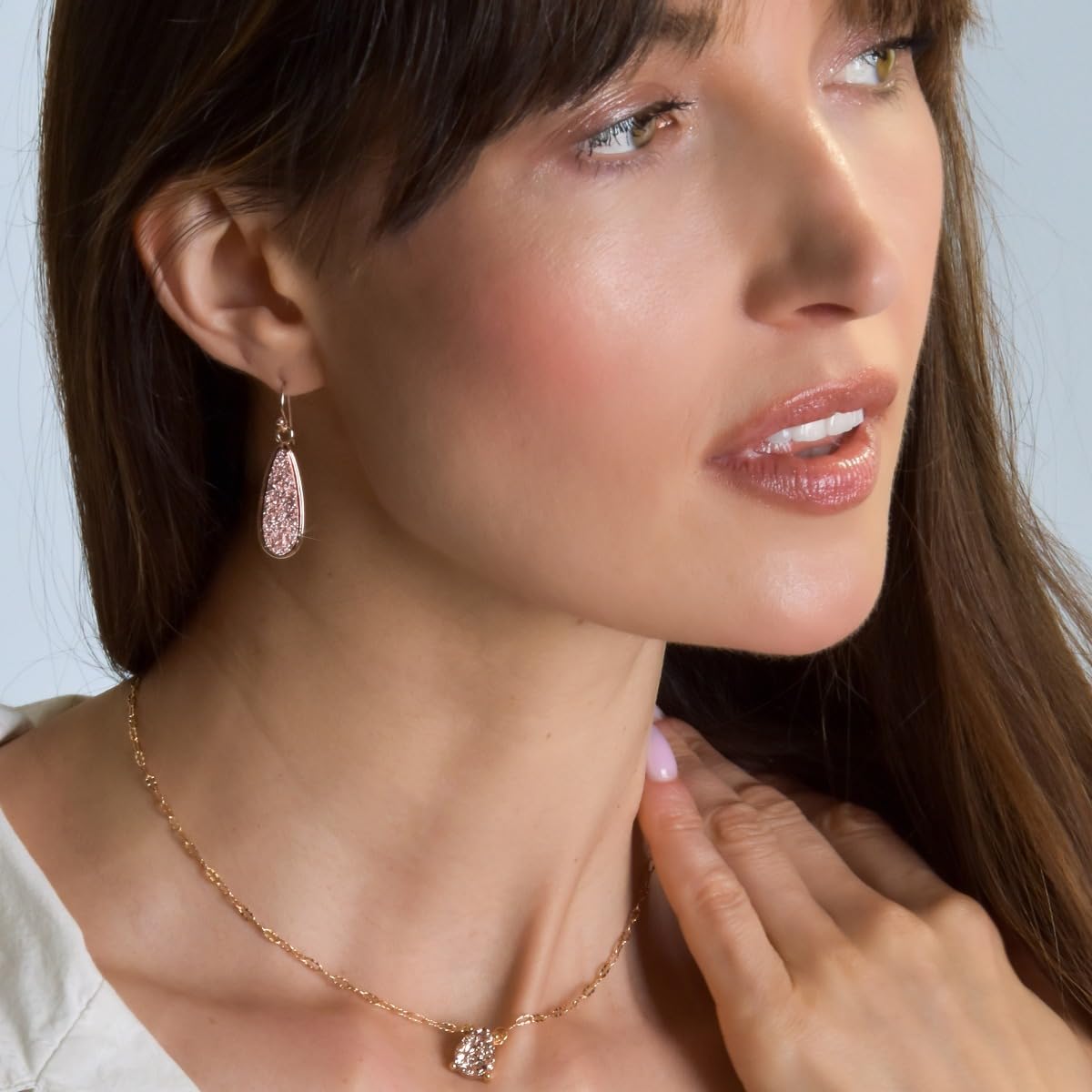 Rose Gold Tone Dangle Earrings for Women - Boho Rose Gold Tone Earrings Dangle, Simulated Druzy Dangly Teardrop Hanging Bohemian Drops, Sparkly Long Tear Drop Dangling Bridal and Bridesmaid Jewelry