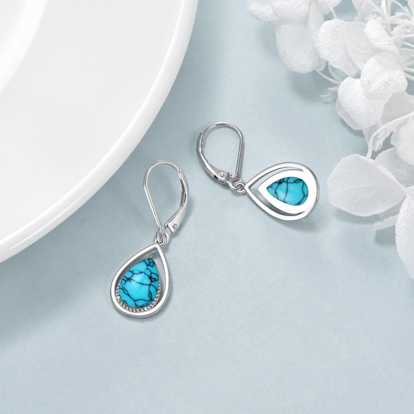 VONALA Turquoise Earrings 925 Sterling Silver Turquoise Leverback Earrings Teardrop Dangle Dangling Earrings Jewelry Gift for Women