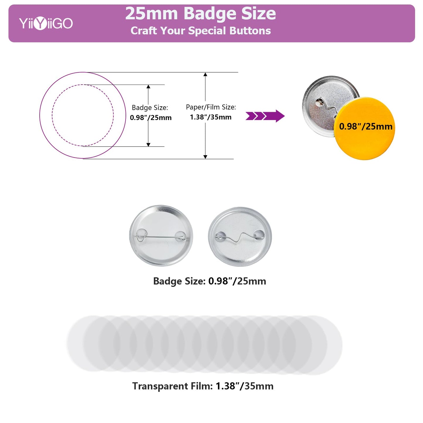 YiiYiiGO 200 Sets 25mm/0.98inch Button Maker Supplies, Round Badge Blank Pins, Includs Metal Shells, Metal Back Cover and Transparent Film for Pin Maker Button Press Machine Maker