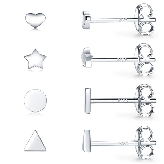 Sterling Silver Stud Earrings for Women Men- 4 Pairs of Hypoallergenic Simple Geometric Small Stud Earring Set Tiny Triangle Square Heart Star Stud Earrings Mini Cartilage Tragus Earrings, Silver