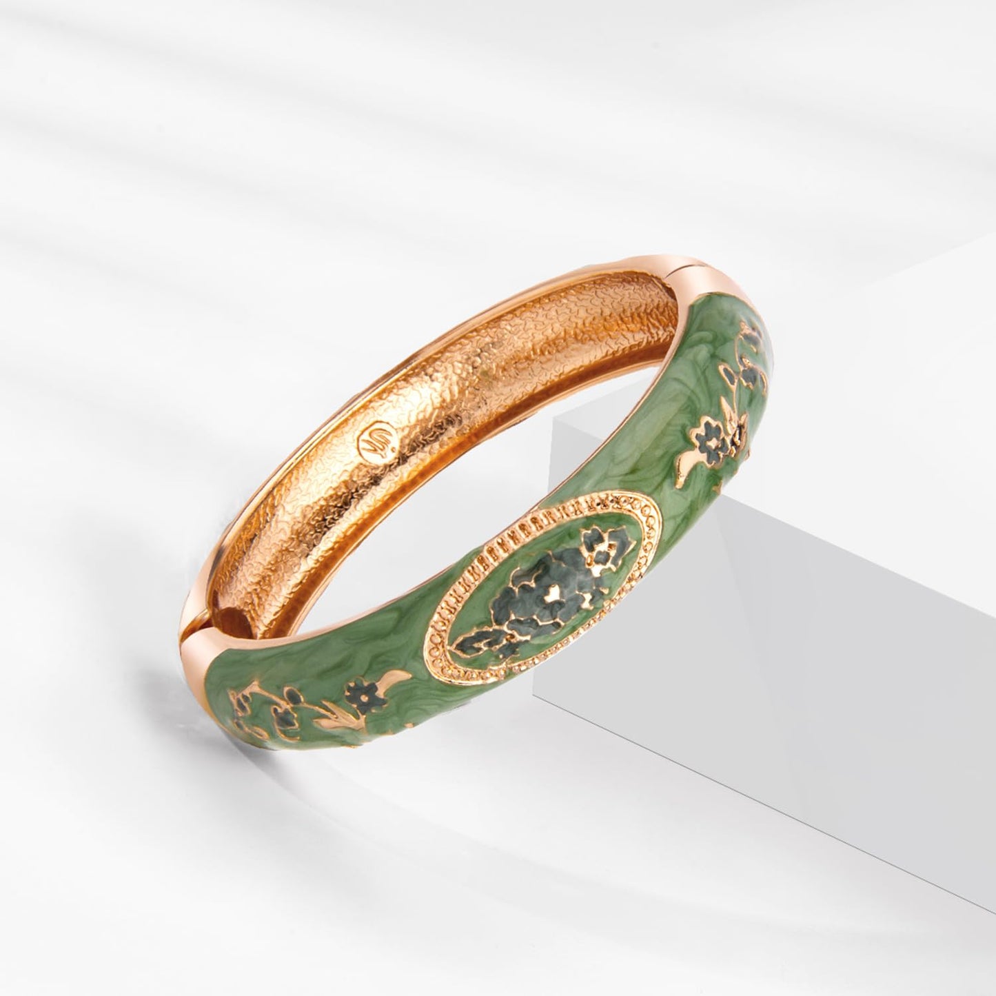 UJOY Fashion Cloisonne Bracelets Colorful Enameled Flower Spring Hinged Plated Bangles Womens Jewelry Gifts 55C58-55A114 Green