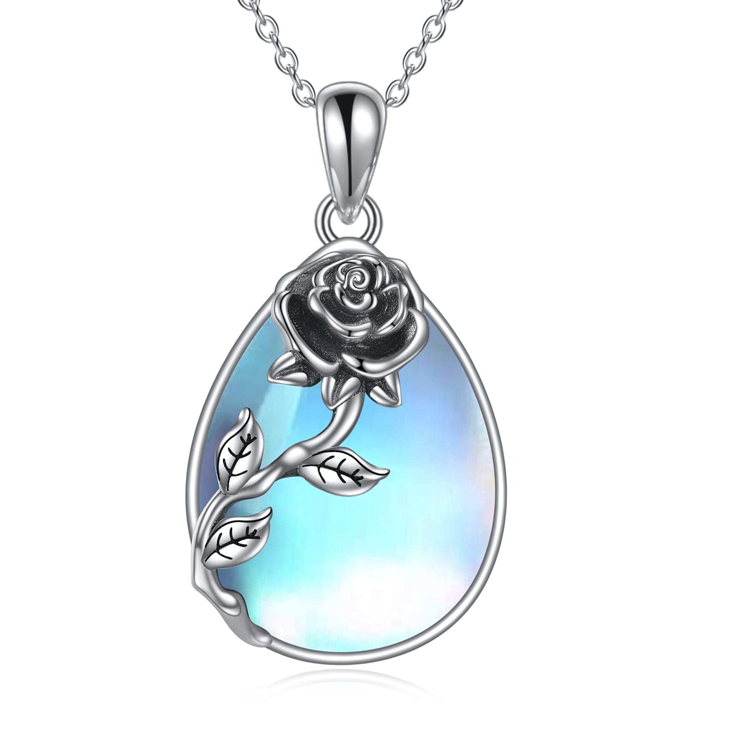 YAFEINI 925 Sterling Silver Moonstone Necklace Rose Flower Filigree Teardrop Pendant Necklace Jewelry Gift for Women (F-Rose Flower Moonstone)