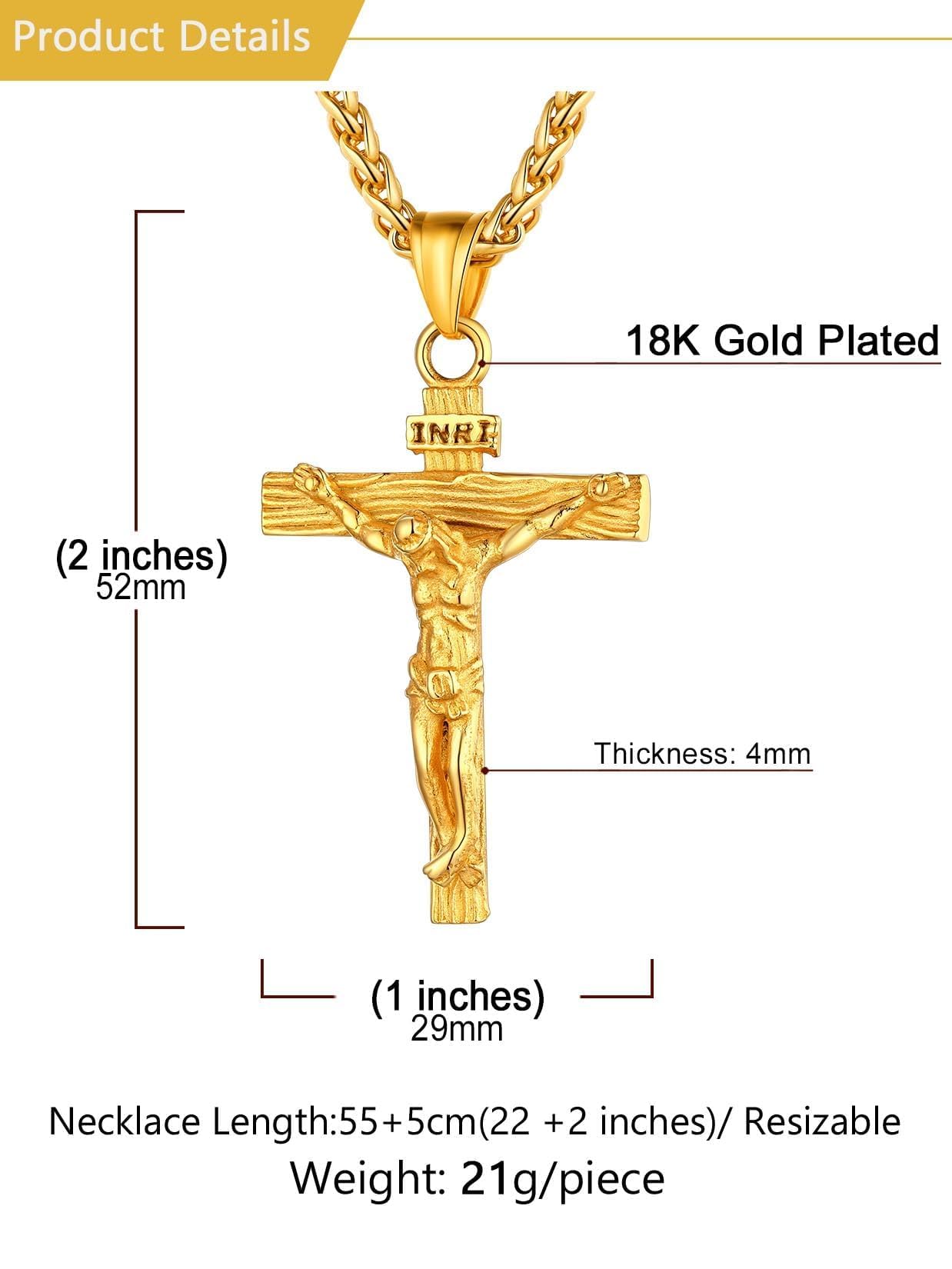 U7 Crucifix Cross Necklace 18K Gold Plated Crucifix Necklace Gold Cross Pendant for Men with Rope Chain 22"