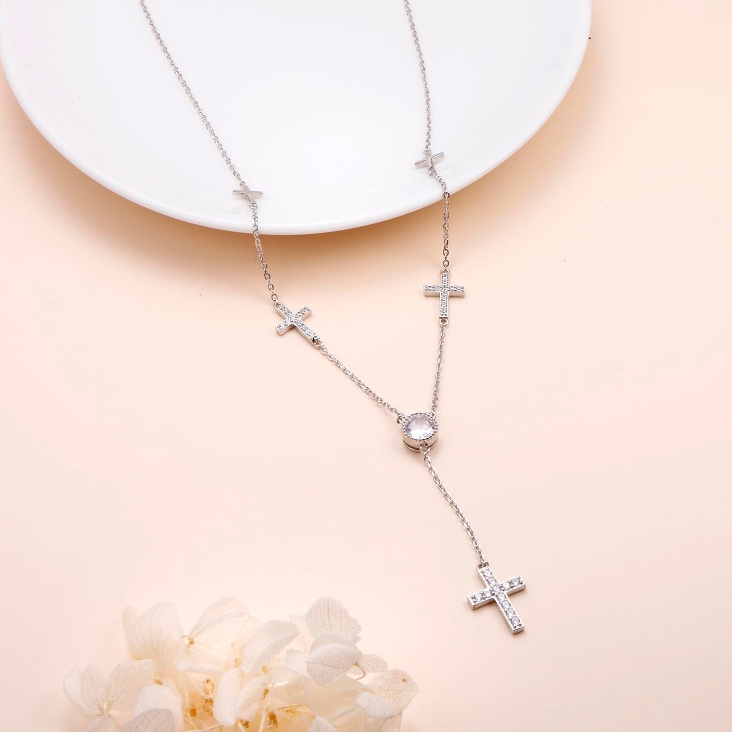 DAOCHONG Cross Long Chain Sweater Necklace for Women S925 Sterling Silver Long Chain Sideways Cross Circle Cubic Zirconia Large Pendant Sweater Y-Necklace for Women 26 inches