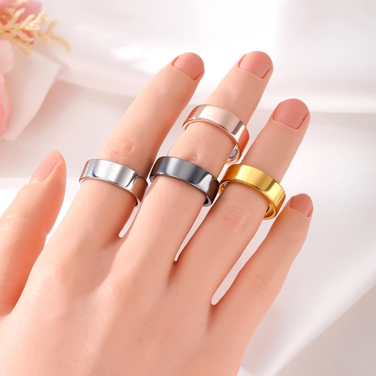 Topty 2PCS Magnetic Anti Snoring Auvulis Migraine Ring Titanium Lon Magtherapy Lymphatic Drainage Stainless Steel Ring for Women Men Health Jewelry Gifts in Gold Silver