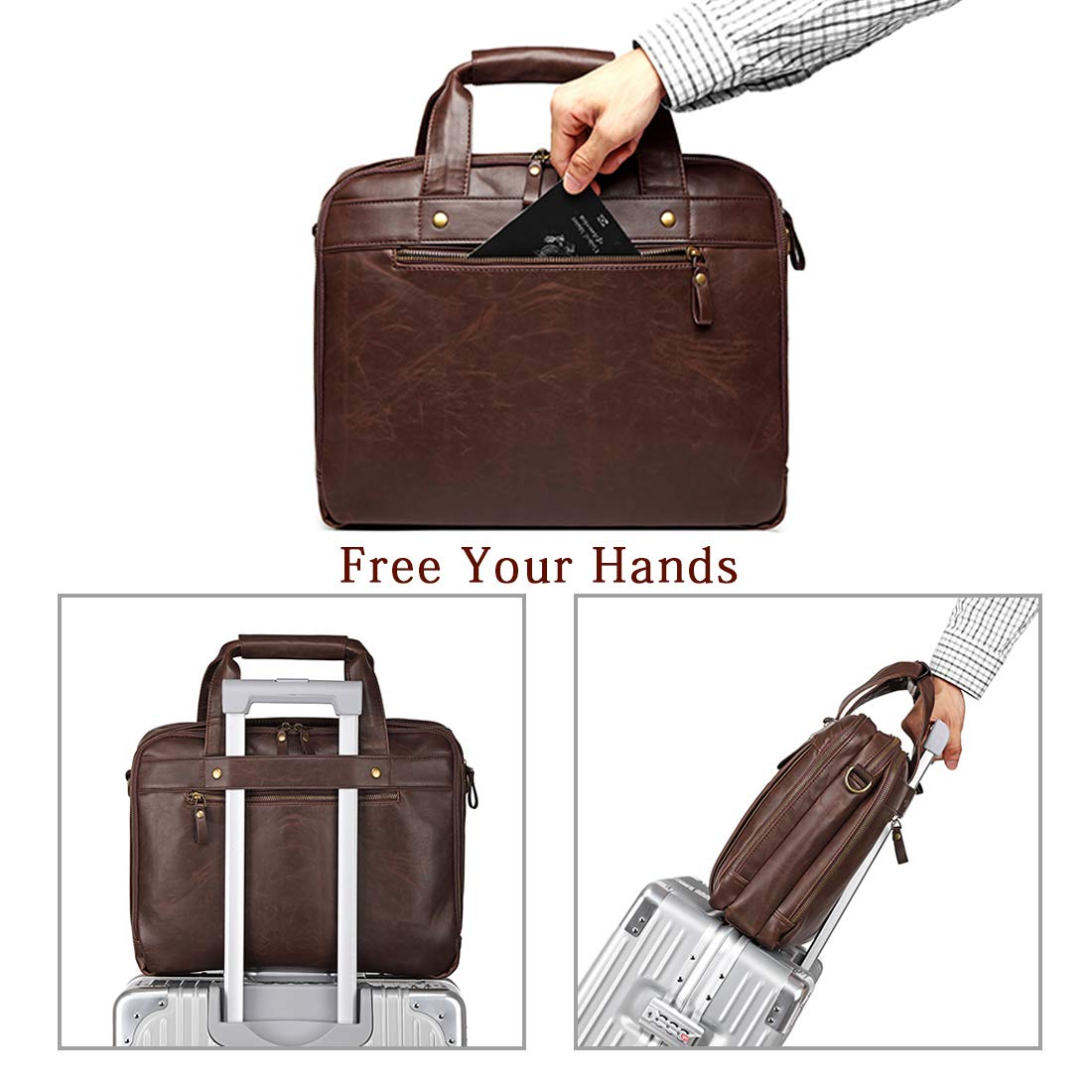 Bosidu Leather Briefcases for Men 15.6 Inch Laptop Messenger Bag with Triple Compartments Water-Resistant Computer Shoulder Bag for Business, Travel, Work, Office, Brown