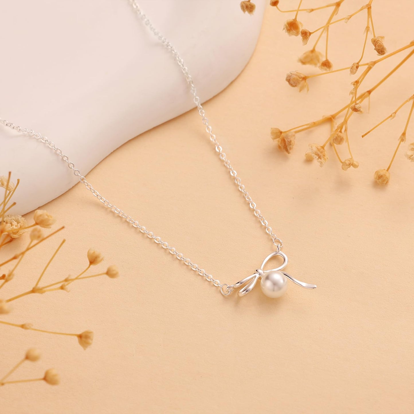 Poaiiu Silver Plated Necklace for Women - Bow Necklace Dainty Silver Plated Choker Necklace Cute Small Tiny Beads Chain Pendant Necklaces Fashion Jewelry Gifts