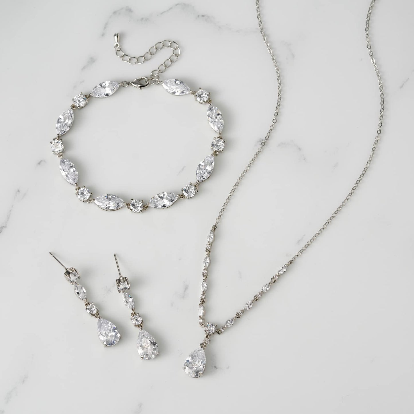 SWEETV Bridal Jewelry Set for Wedding, Cubic Zirconia Necklace Dangle Drop Earrings Bracelet Set, Teardrop Marquise Brides Bridesmaids Wedding Prom Anniversary Jewelry Gifts for Women