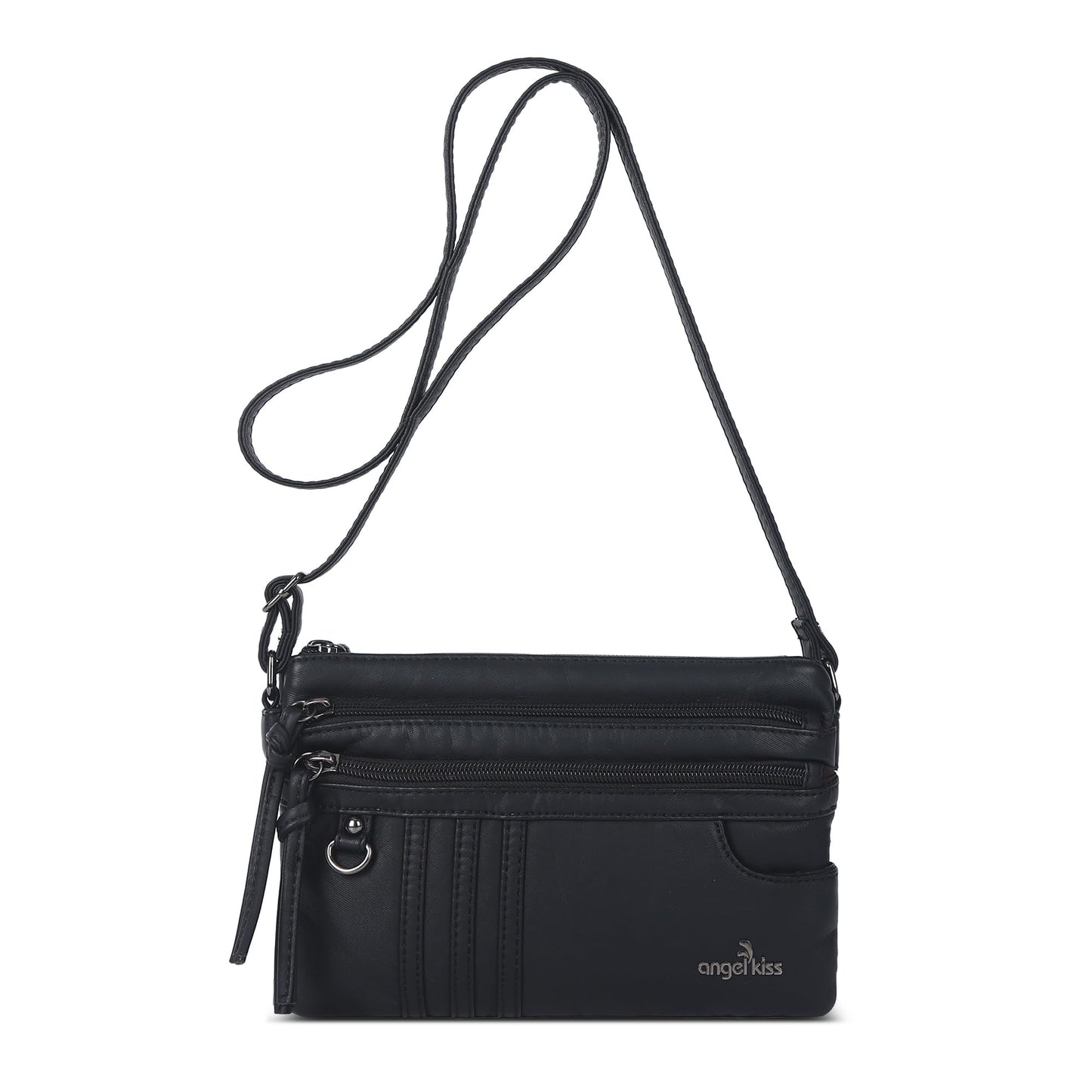 Angel Kiss Small Crossbody Bag for Women Leather Crossbody Purse Triple Compartments Cell Phone Purse Shoulder Bags for Women,Black