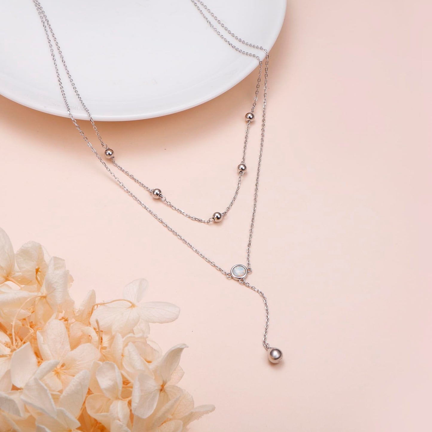 FLYOW S925 Sterling Silver Double Layered Necklace Teardrop White Opal Choker Y Lariat Necklace Mothers Day Birthday Gifts for Women Wife Fiancée