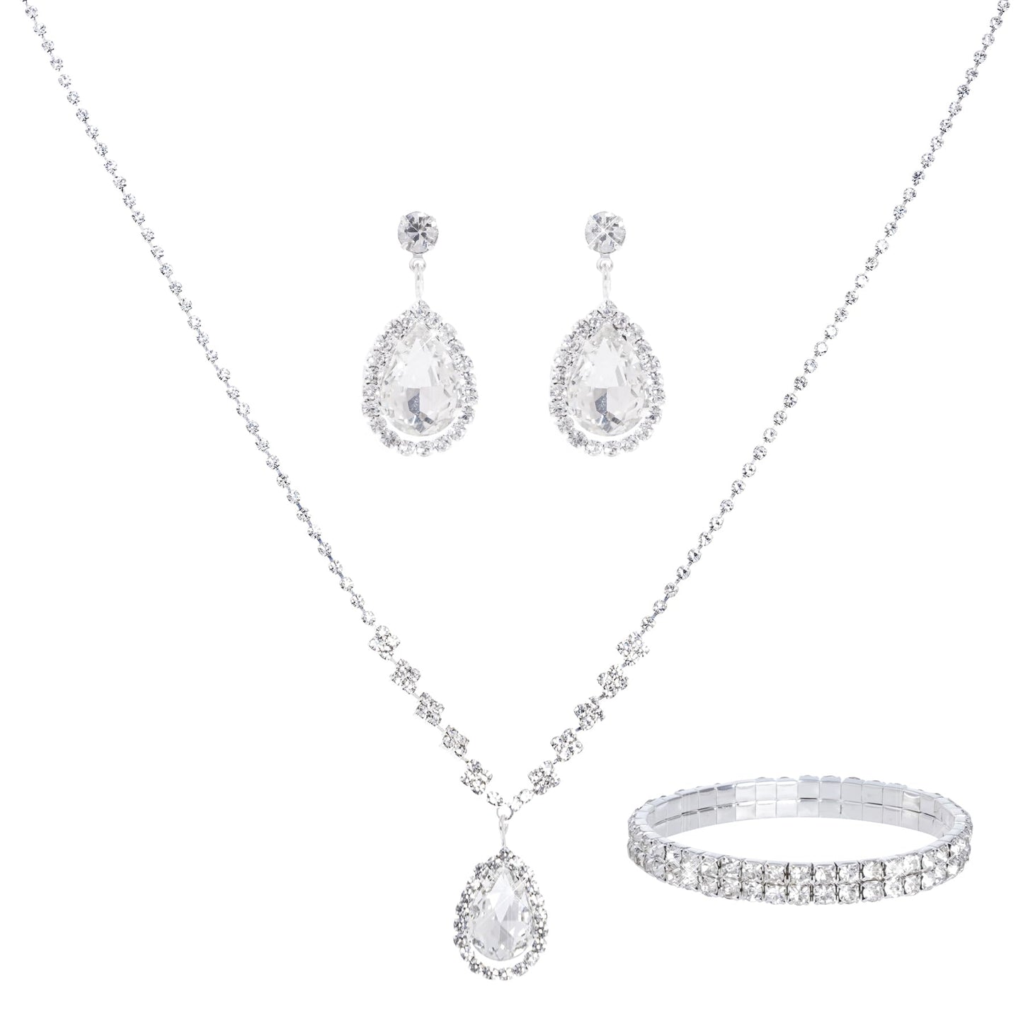 Jmkcoz Women Jewelry Set Silver Necklace Earrings Bracelet Rhinestone Crystal Bridal Wedding Jewelry Sets for Brides Bridesmaid Wedding Party (Style 3)