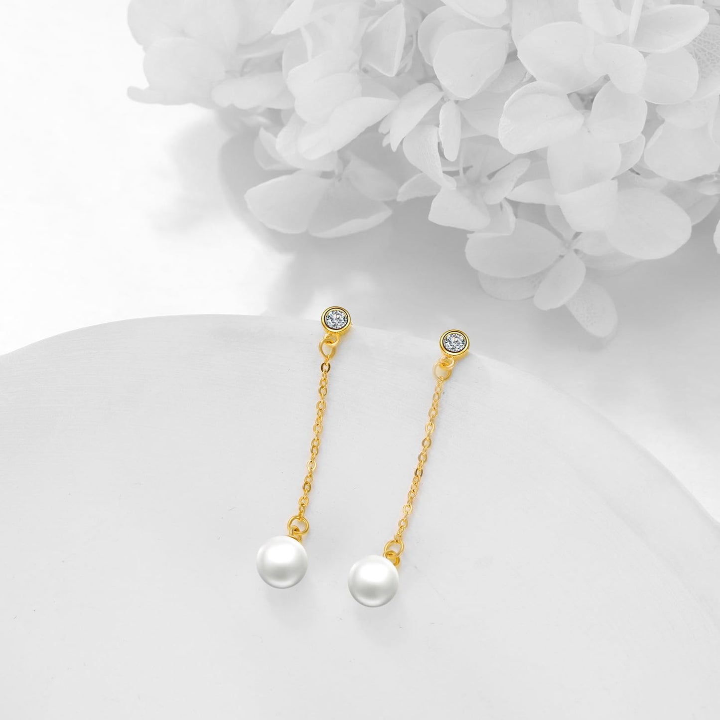 POPLYKE Pearl Drop Earrings Sterling Silver Threader Pearl Long Chain Earrings Jewelry Gifts for Women Wedding Bridesmaids(Yellow Gold)
