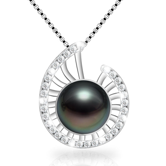 Atopearl Lucky Conch Tahitian Black Pearl with Moissanite Pendant Necklace, 9-10MM AAAA Pearl Gifts for Women Wife Wedding Birthday Anniversary Valentines