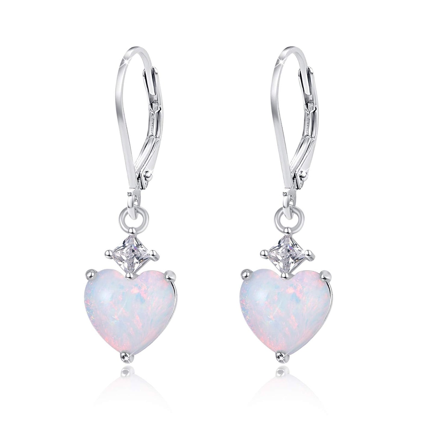 Opal Jewelry, Heart Shape Leverback Drop Dangly Earrings, 925 Sterling Silver Hypoallegenic for Sensitive Ears, Mother's Day for Women Girlfriend with Gift Box