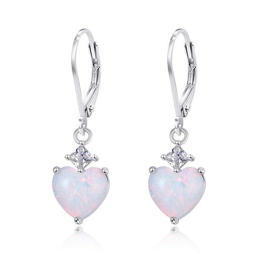 Opal Jewelry, Heart Shape Leverback Drop Dangly Earrings, 925 Sterling Silver Hypoallegenic for Sensitive Ears, Mother's Day for Women Girlfriend with Gift Box