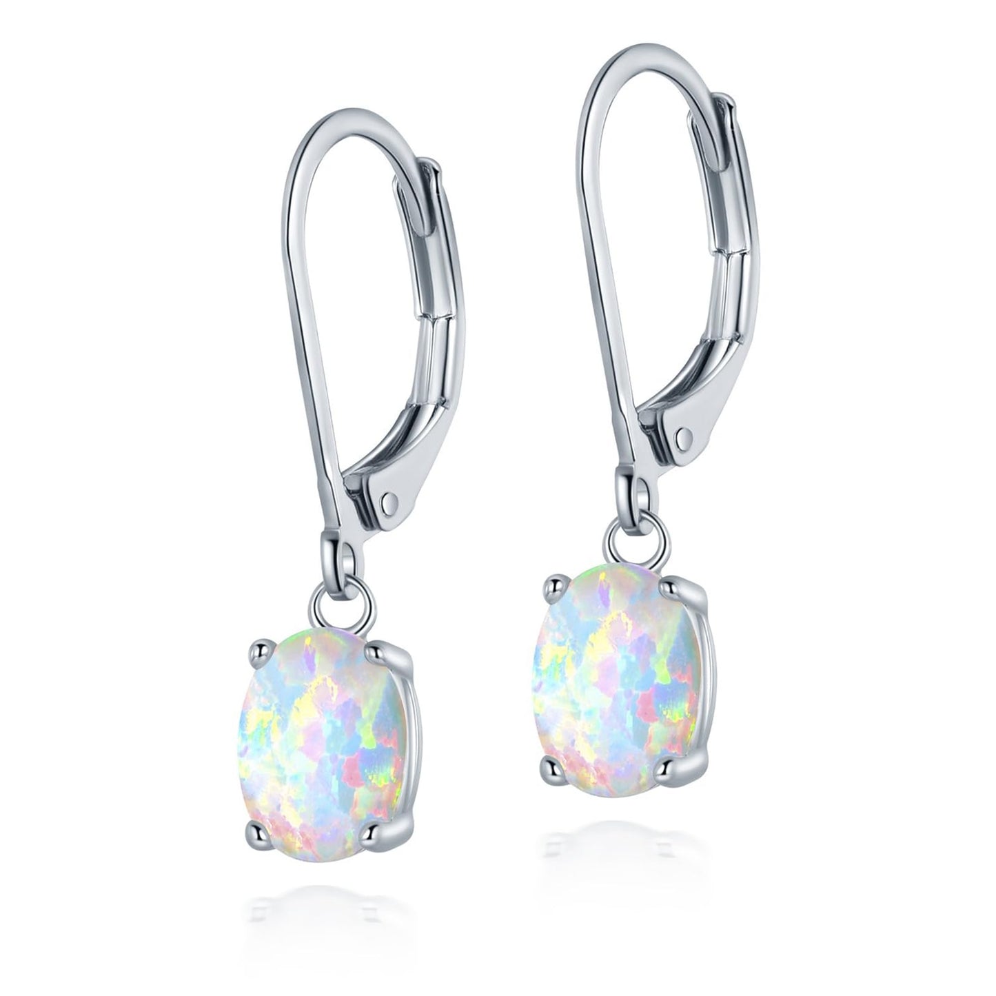 Gemsme Opal Dangle Earrings,18K White Gold Plated Gemstone Opal Leverback Earrings for Women Hypopallergenic Jewelry
