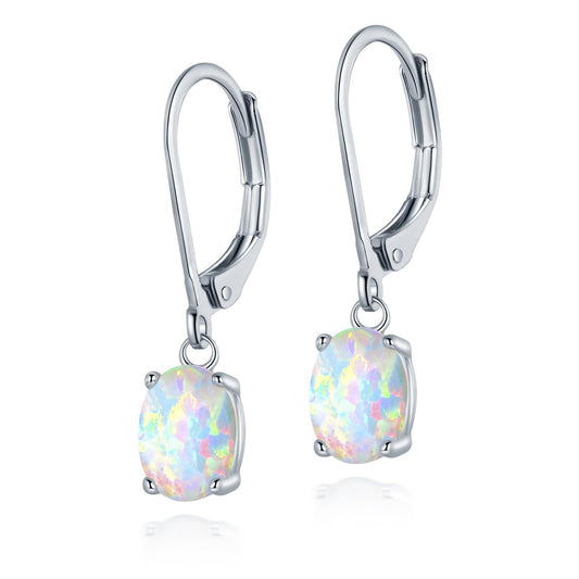 Gemsme Opal Dangle Earrings,18K White Gold Plated Gemstone Opal Leverback Earrings for Women Hypopallergenic Jewelry