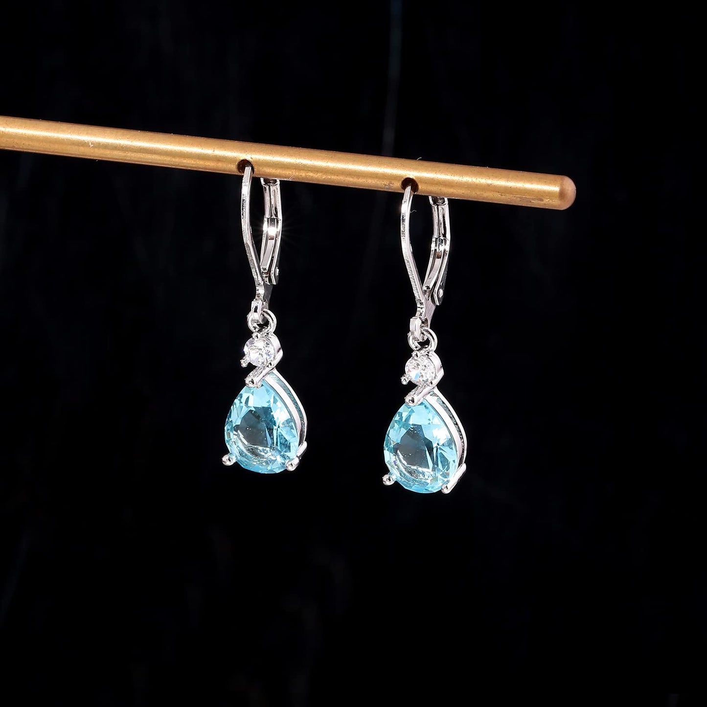 CiNily Leverback Dangle Earrings for Women 14K White Gold Plated Drop Earrings Blue Cubic Zircon Fashion Teardrop Hoop Earrings Hypoallergenic Jewelry for Sensitive Ear