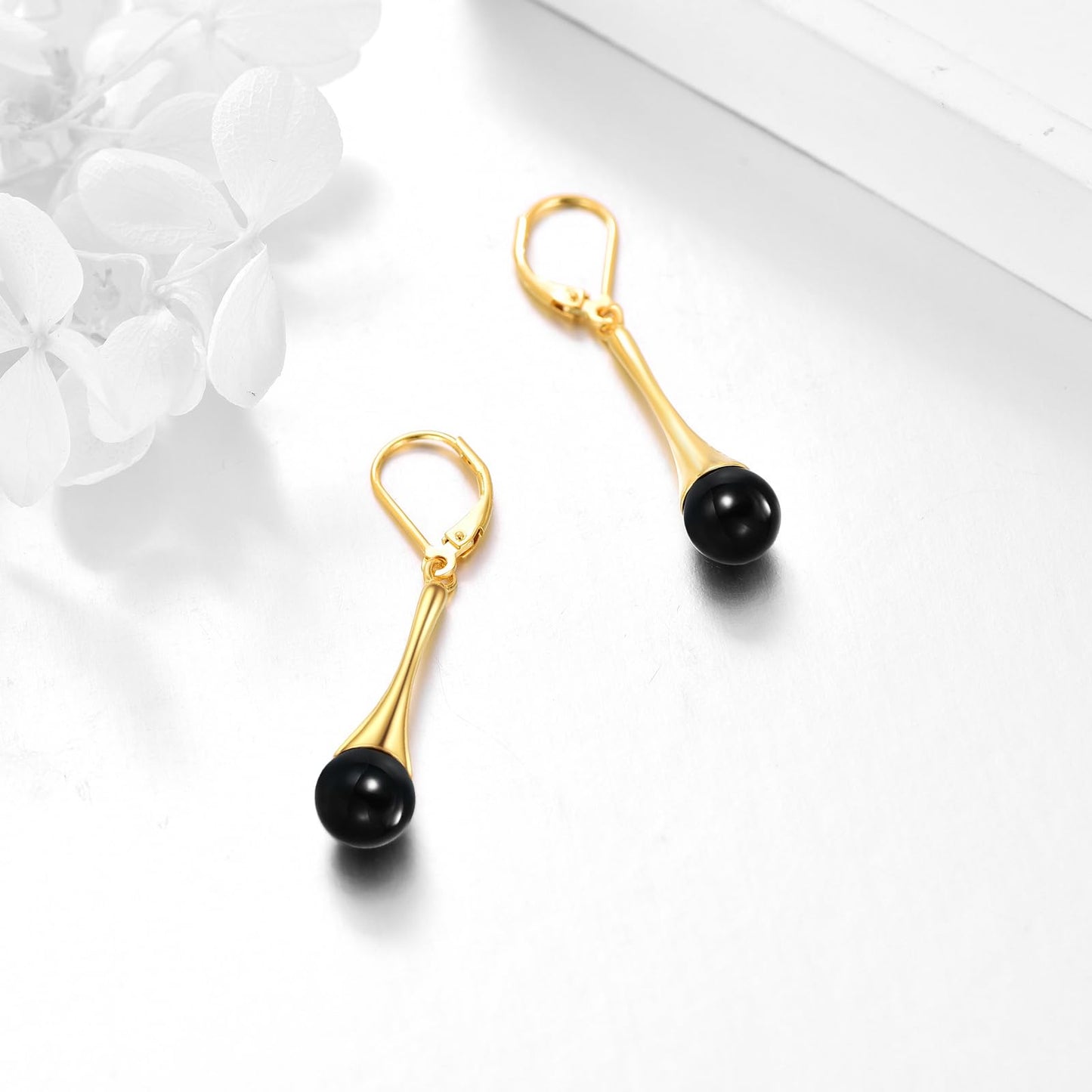 Sterling Silver Black Onyx Earrings for Women 18K Yellow Gold Plated Jewelry Gifts (Dangle with Ball Bead)