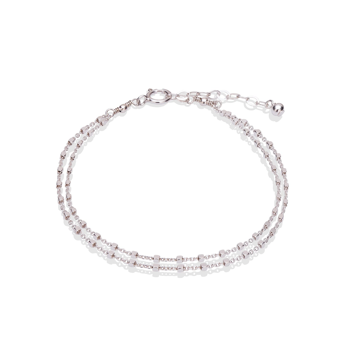 Annika Bella Double Chain Sterling Silver Bracelet, Length 6.5-7.5 Inches, 925 Chain Bracelets for Women, Everyday Jewelry for Women (Cubes Satellite chains)