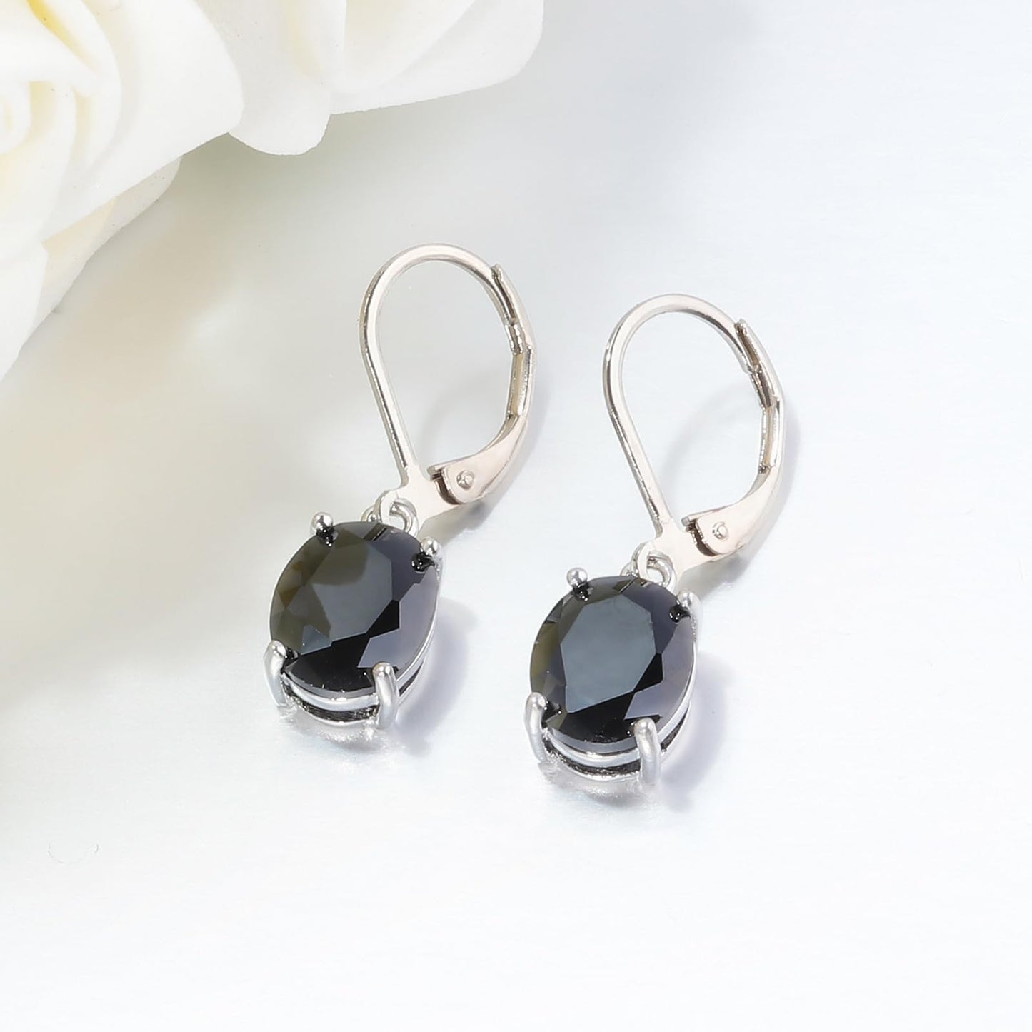 CiNily Cut-Oval Leverback Dangle Earrings for Women Black Cubic Zircon 14k White Gold Plated Hypoallergenic Hanging Earrings Lightweight Summer Drop Earrings