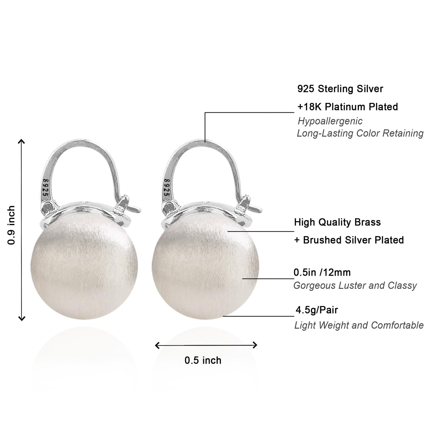 OwMell Elegant 925 Sterling Silver Pearl Drop Earrings Dangle Stud Gold Plated Earrings for Women Large Size 12mm - Brushed Silver