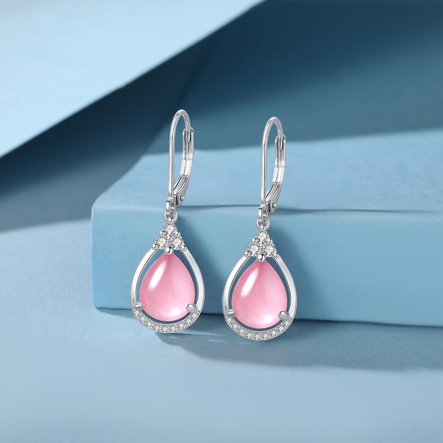 Pink Earrings Sterling Silver Opal Leverback Teardrop Dangles Jewelry Christmas Gifts for Women