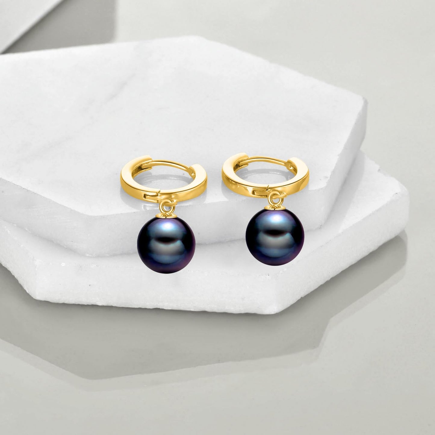 925 Sterling Silver Black Pearl Hoop Earrings Dangle Drop Jewelry Gifts for Women (Black Pearl-Gold)