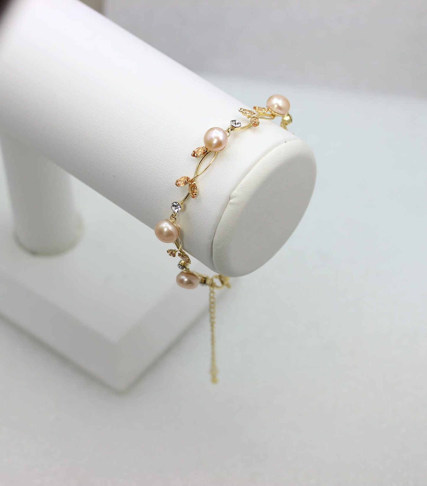 Faship Champagne CZ Crystal Genuine Freshwater Pearls Floral Bracelet 7.5" - 9.5" - Topaz Color Brown/Matching Bracelet