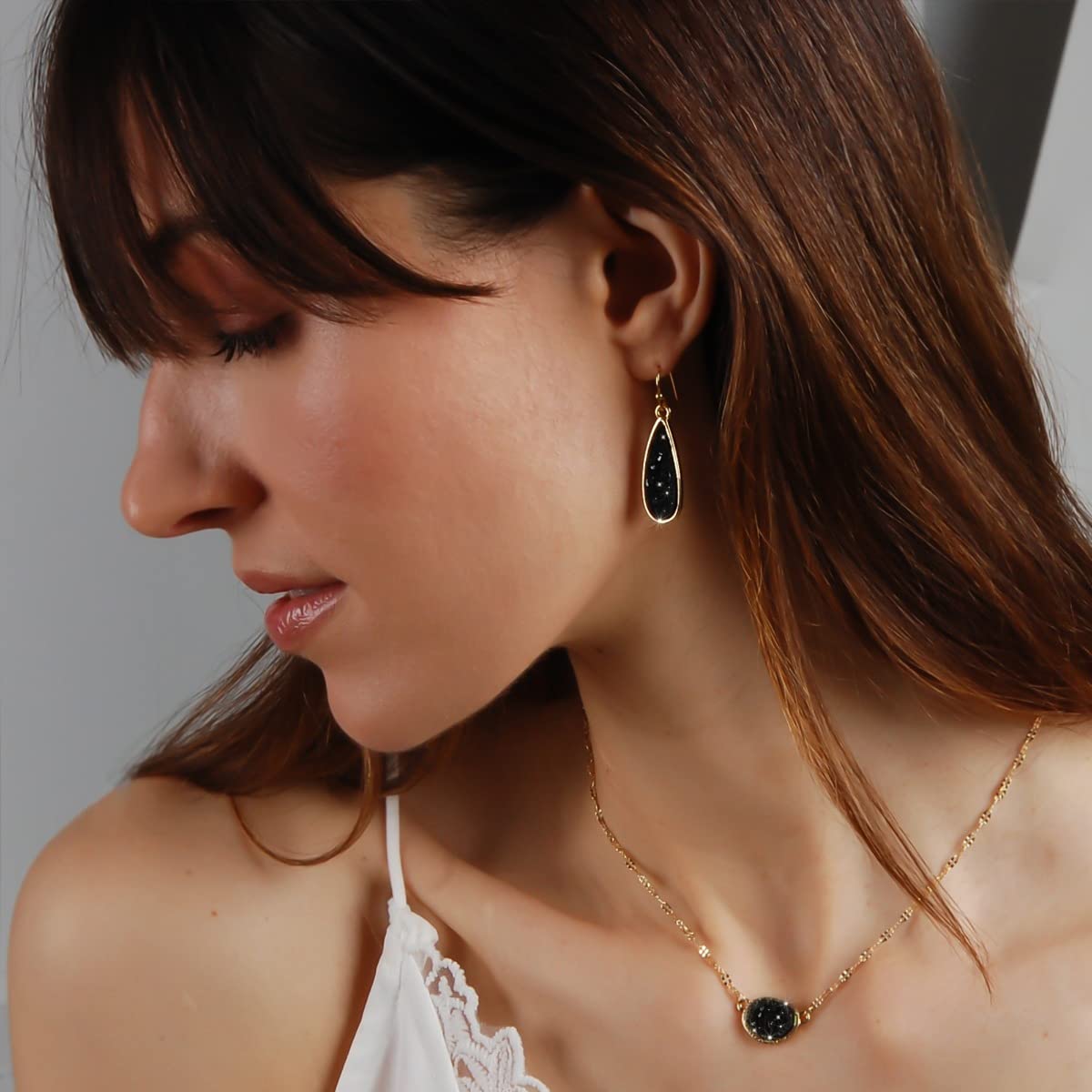 Simulated Druzy Drop Dangles - Sparkly Long Teardrop Dangly Earrings for Women, Gold Tone - Black Stone