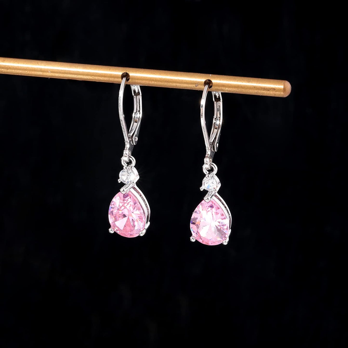 CiNily Leverback Dangle Earrings for Women 14K White Gold Plated Drop Earrings Pink Cubic Zircon Fashion Teardrop Hoop Earrings Hypoallergenic Jewelry for Sensitive Ear