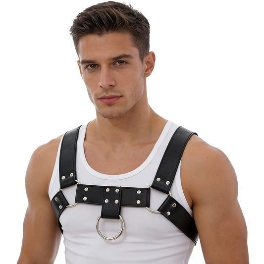 Men‘s PU Leather Chest Harness–Adjustable Shoulder Body Harness for Cosplay,Festival,Stage Performance,Edgy Fashion Punk Costume Accessory,Durable Stitching,Lightweight Comfortable Fit S-XXL
