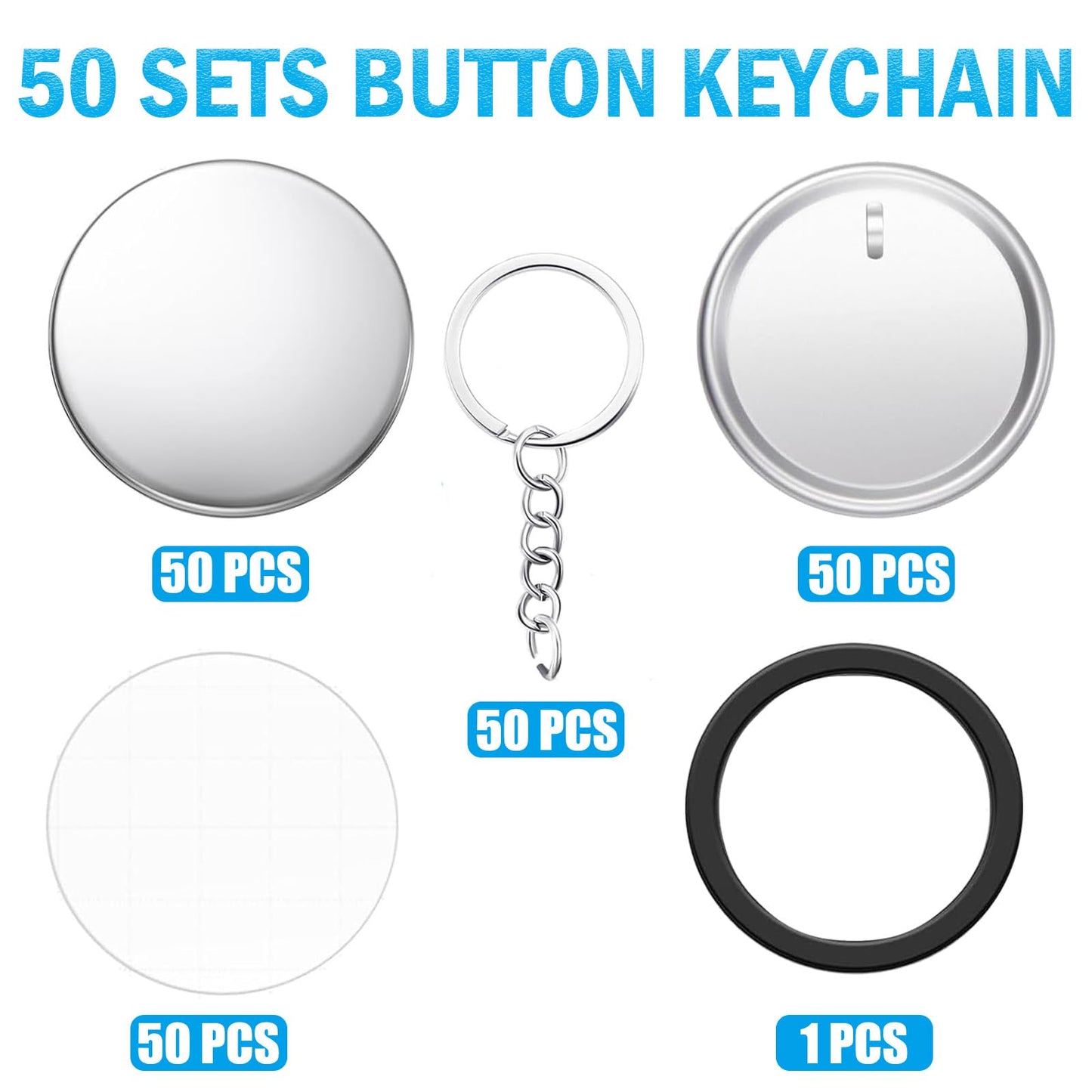 Button Maker Keychains Supplies, 200 Pcs 58mm Pin Maker Set, Metal Button Maker Supplies with Metal Shell Cover, Transparent Film & Chain Head