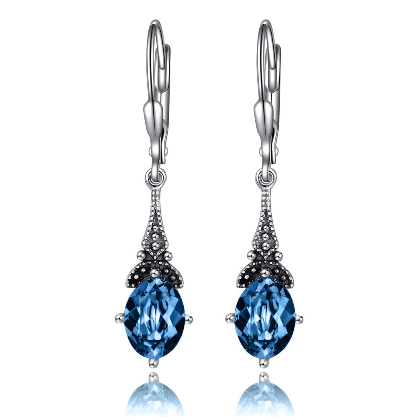 London Blue Earrings 925 Sterling Silver Vintage Retro Leverback Dangle Drop Earrings with Simulated Topaz Birthstone Crystals, Birthday Jewelry Gifts for Women
