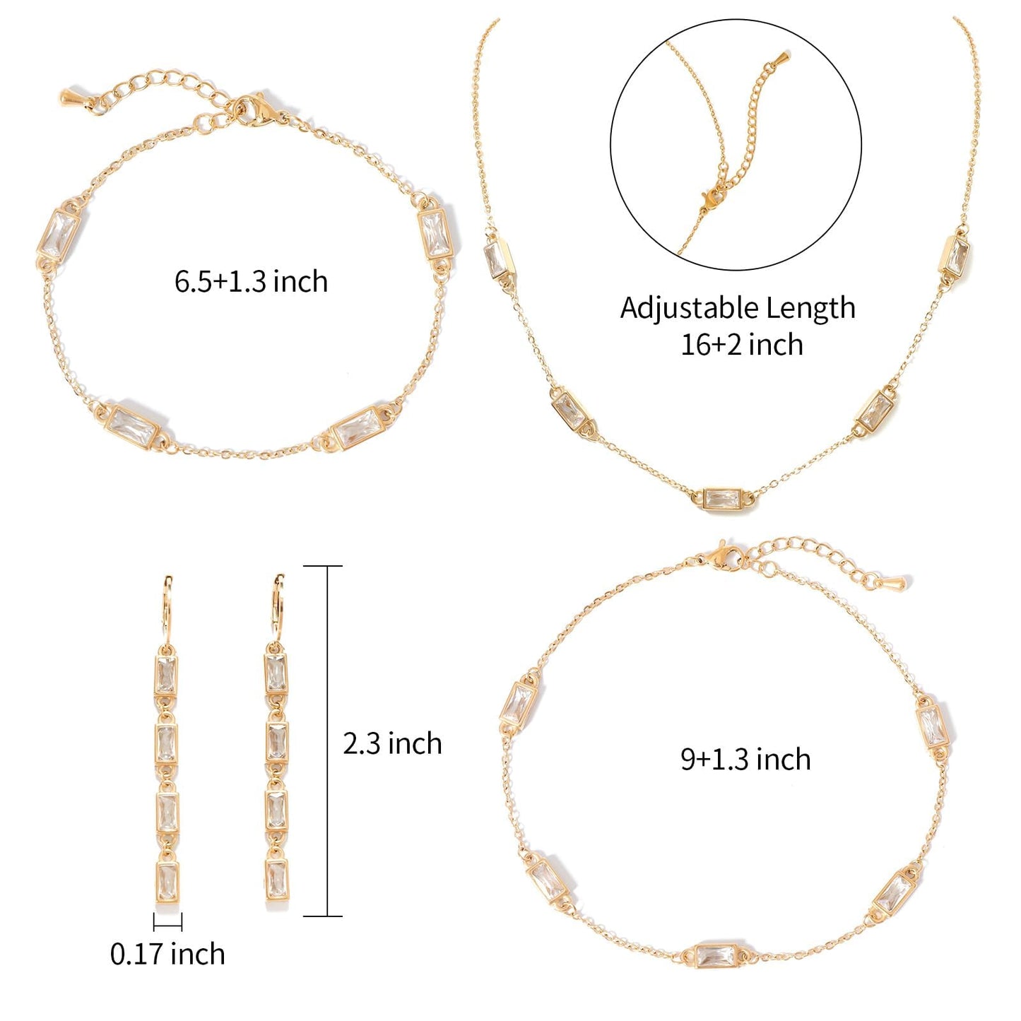 TaYolnFaSo White Emerald Cut Jewelry Set for Women Cubic Zirconia Necklace Dangle Earrings Bracelet Anklet Set CZ Birthstone Jewelry Gift for Women Wedding Prom Birthday Party